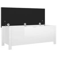 Storage Box Bench w Seat Cushion, White Wood, 41 Inch Black Faux Leather - BM339756