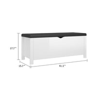 Storage Box Bench w Seat Cushion, White Wood, 41 Inch Black Faux Leather - BM339756