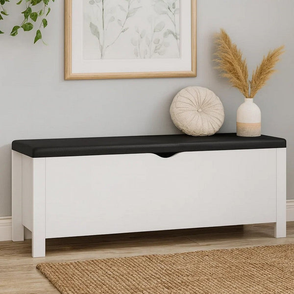 Storage Box Bench w Seat Cushion, White Wood, 41 Inch Black Faux Leather - BM339756