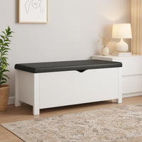 Storage Box Bench w Seat Cushion, White Wood, 41 Inch Black Faux Leather - BM339756