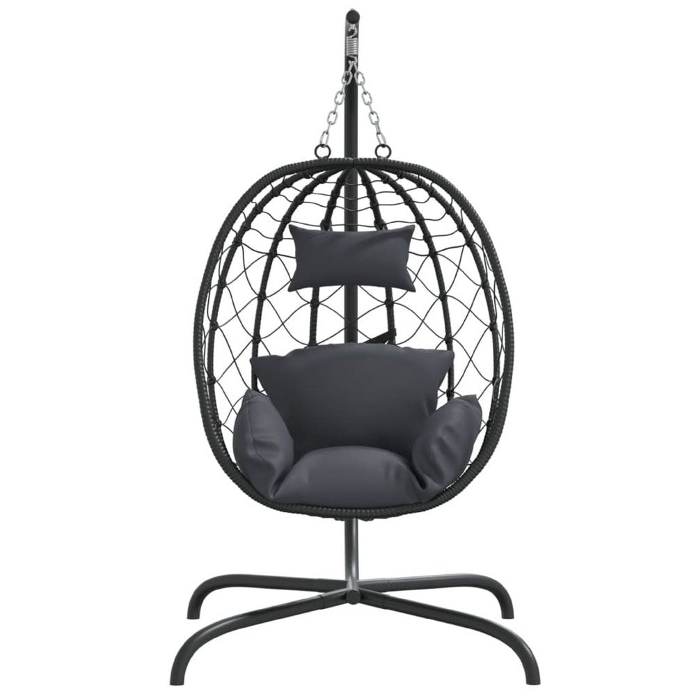 Outdoor Hanging Egg Chair Swing, Gray Cushions, Black Poly Rattan, Steel - BM339759