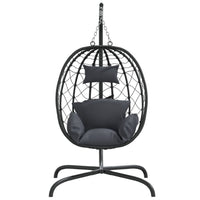 Outdoor Hanging Egg Chair Swing, Gray Cushions, Black Poly Rattan, Steel - BM339759