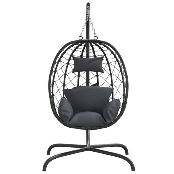 Outdoor Hanging Egg Chair Swing, Gray Cushions, Black Poly Rattan, Steel - BM339759