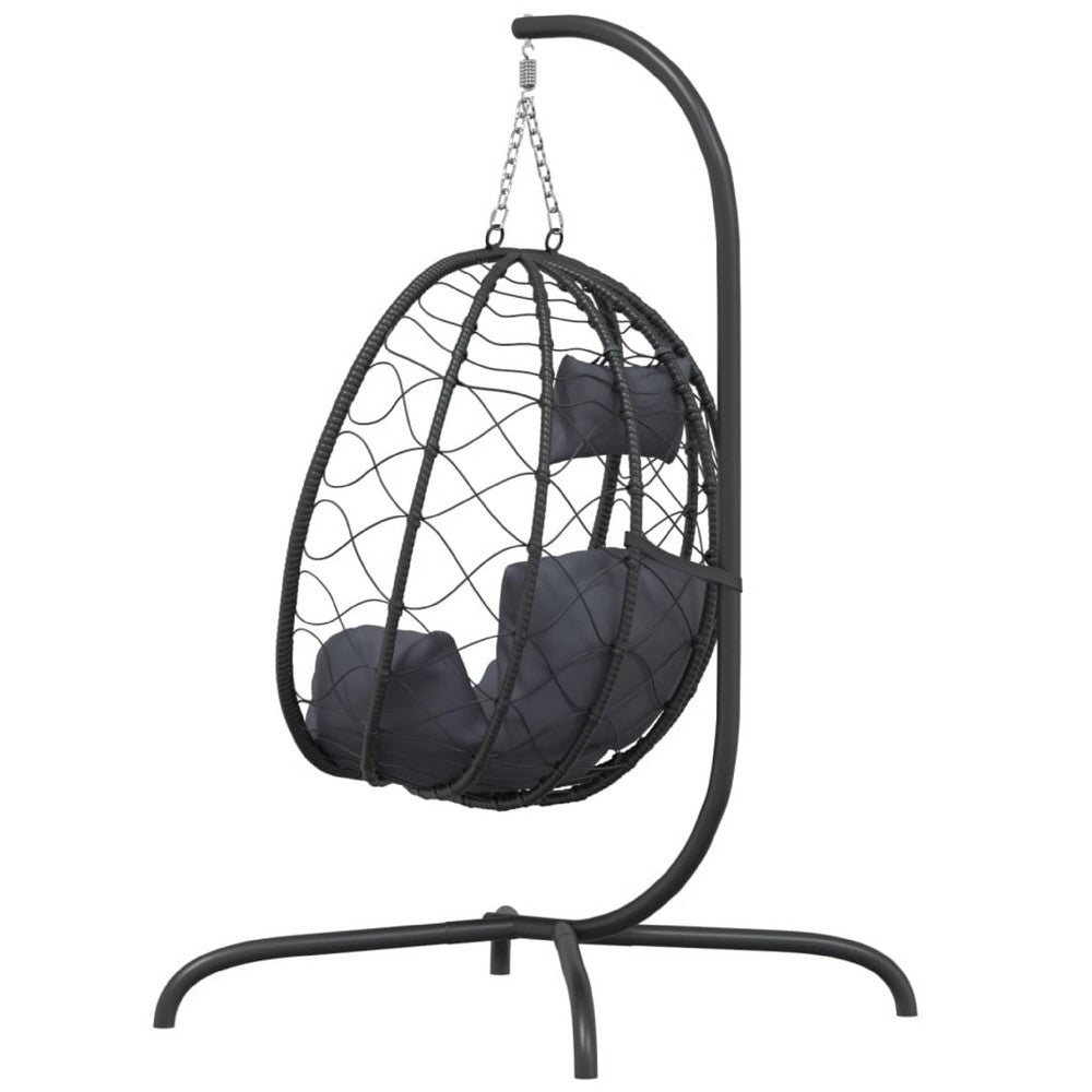 Outdoor Hanging Egg Chair Swing, Gray Cushions, Black Poly Rattan, Steel - BM339759
