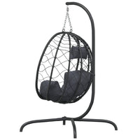 Outdoor Hanging Egg Chair Swing, Gray Cushions, Black Poly Rattan, Steel - BM339759