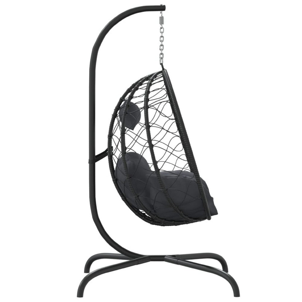 Outdoor Hanging Egg Chair Swing, Gray Cushions, Black Poly Rattan, Steel - BM339759