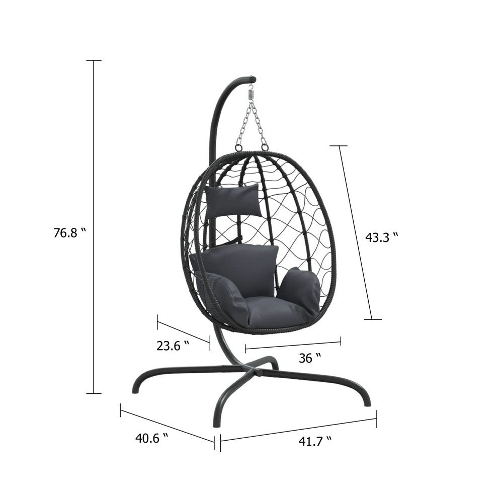 Outdoor Hanging Egg Chair Swing, Gray Cushions, Black Poly Rattan, Steel - BM339759