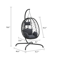 Outdoor Hanging Egg Chair Swing, Gray Cushions, Black Poly Rattan, Steel - BM339759