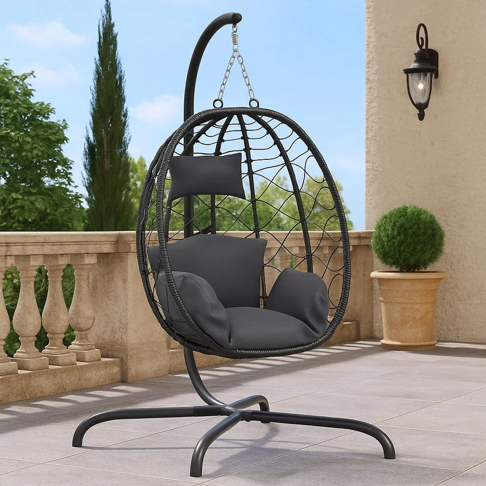 Outdoor Hanging Egg Chair Swing, Gray Cushions, Black Poly Rattan, Steel - BM339759