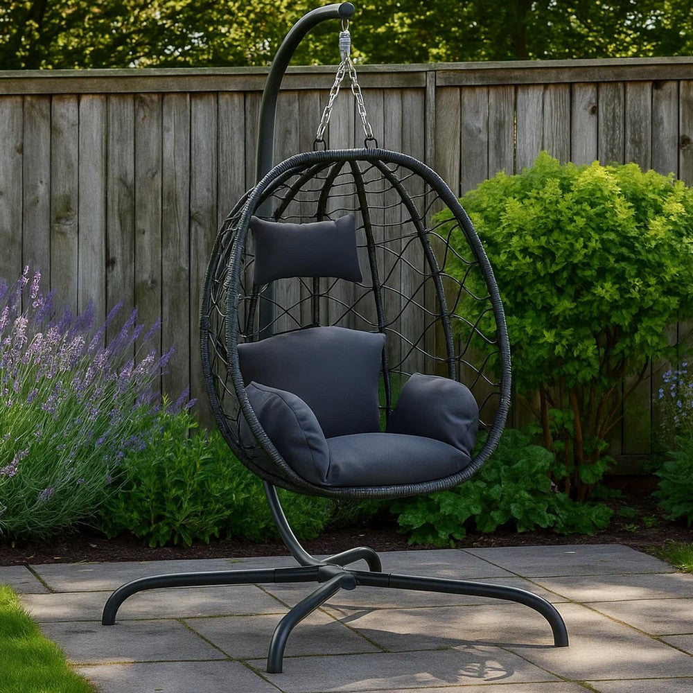 Outdoor Hanging Egg Chair Swing, Gray Cushions, Black Poly Rattan, Steel - BM339759