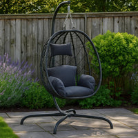 Outdoor Hanging Egg Chair Swing, Gray Cushions, Black Poly Rattan, Steel - BM339759