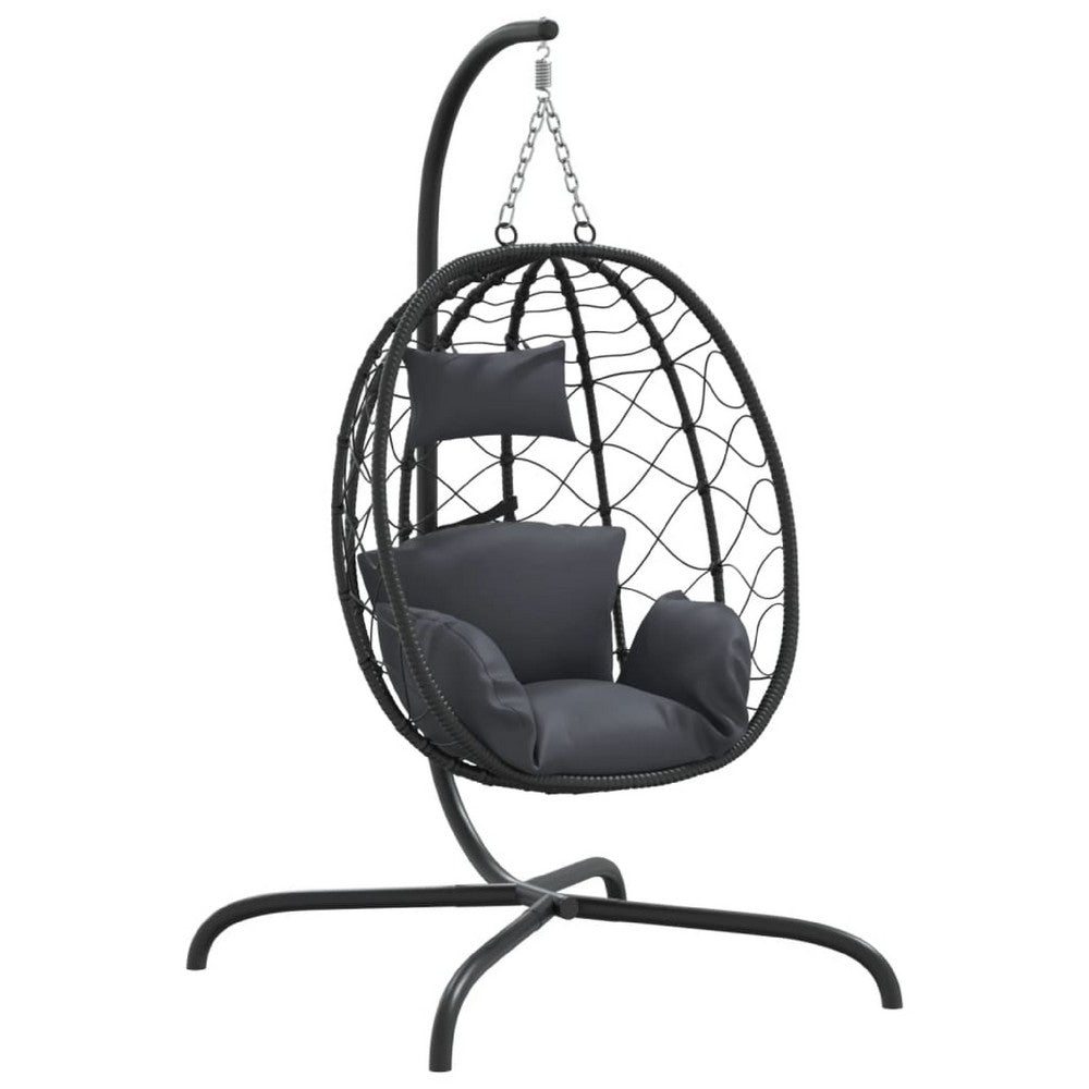 Outdoor Hanging Egg Chair Swing, Gray Cushions, Black Poly Rattan, Steel - BM339759