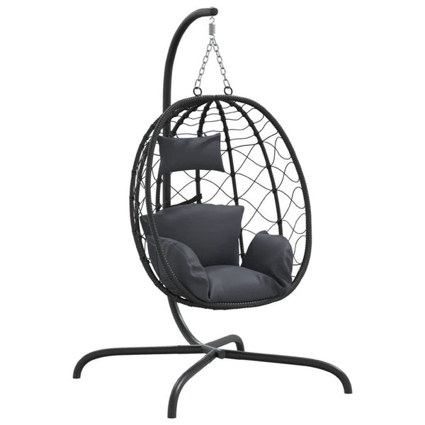 Outdoor Hanging Egg Chair Swing, Gray Cushions, Black Poly Rattan, Steel - BM339759