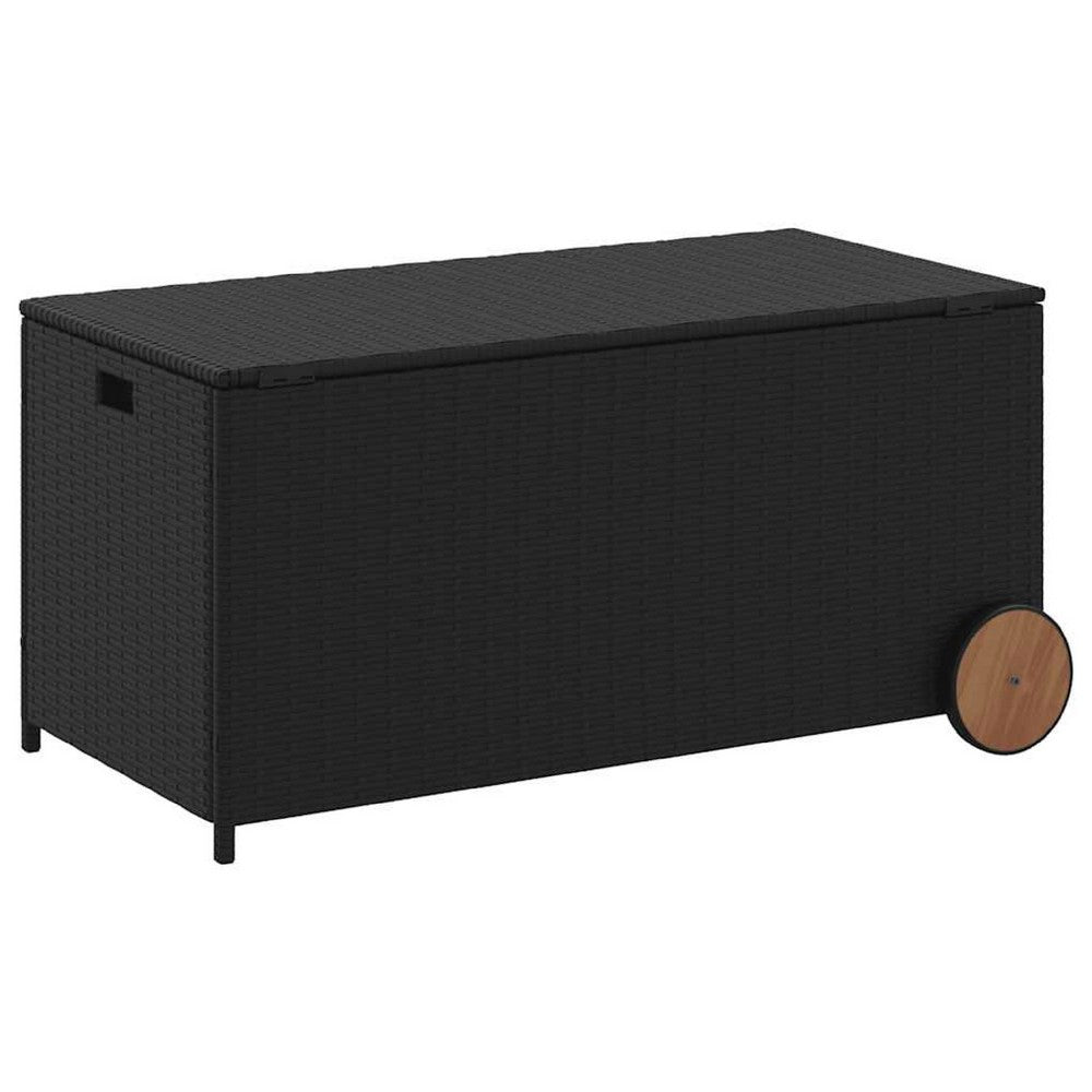 Saki Outdoor Storage Box, Rectangular Black Poly Rattan, Wood Wheels - BM339760