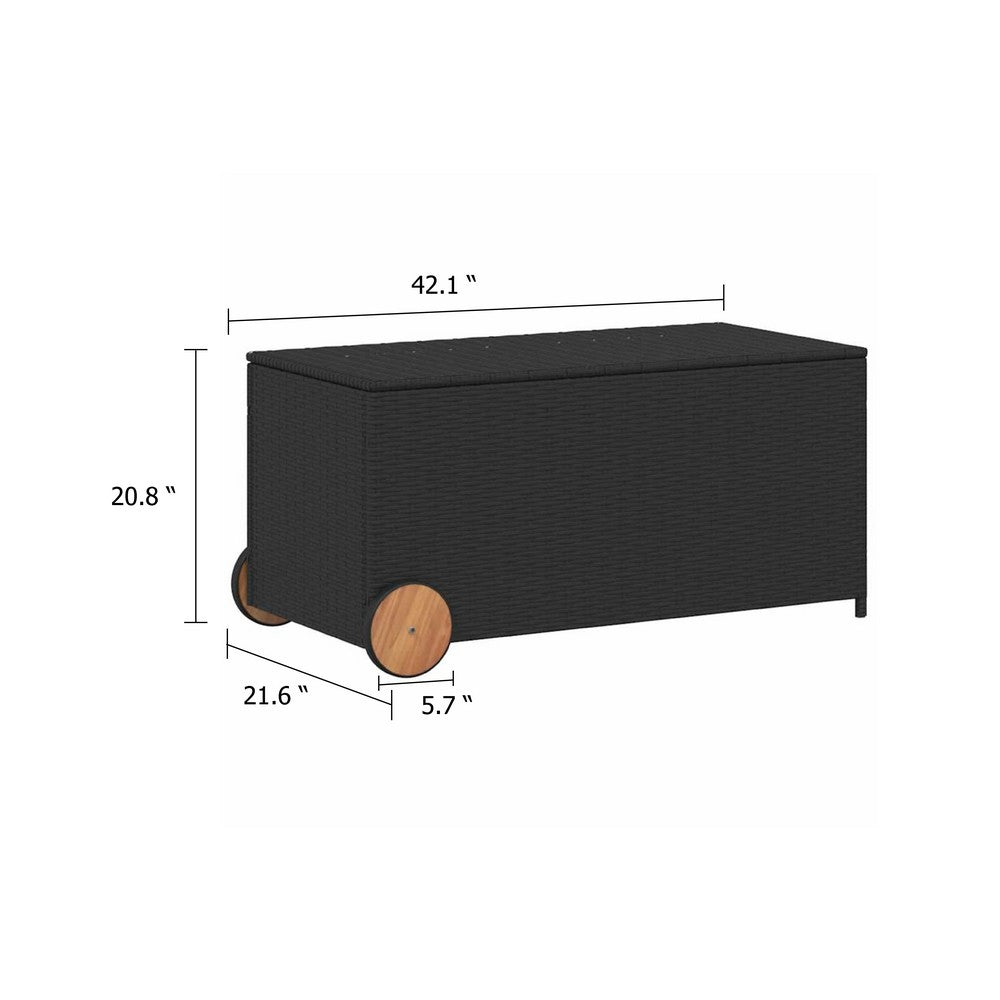 Saki Outdoor Storage Box, Rectangular Black Poly Rattan, Wood Wheels - BM339760