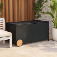 Saki Outdoor Storage Box, Rectangular Black Poly Rattan, Wood Wheels - BM339760