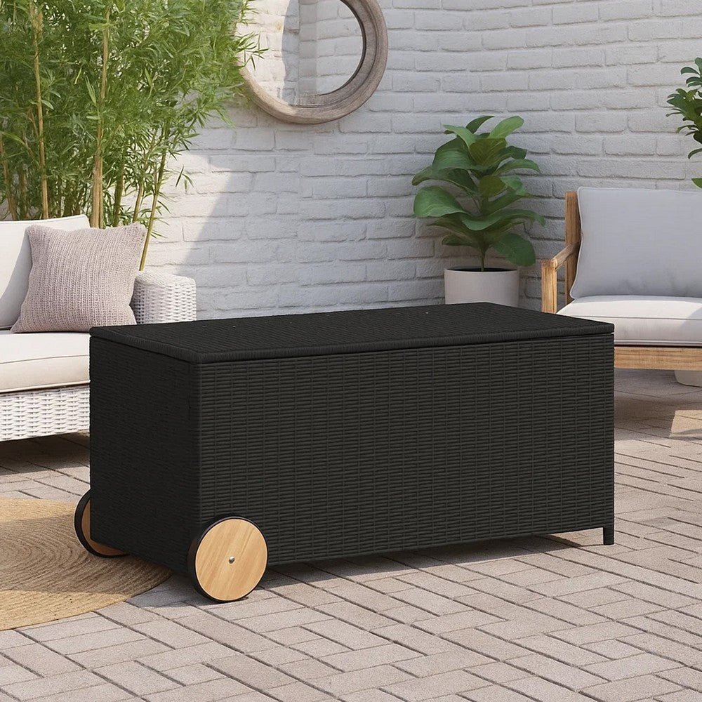 Saki Outdoor Storage Box, Rectangular Black Poly Rattan, Wood Wheels - BM339760