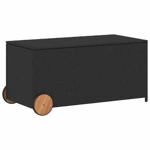 Saki Outdoor Storage Box, Rectangular Black Poly Rattan, Wood Wheels - BM339760
