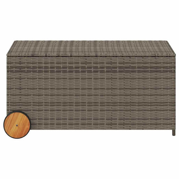 Saki Outdoor Storage Box, Rectangular Gray Poly Rattan, Wood Wheels - BM339761