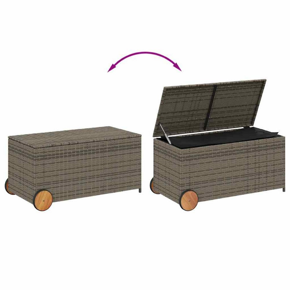Saki Outdoor Storage Box, Rectangular Gray Poly Rattan, Wood Wheels - BM339761