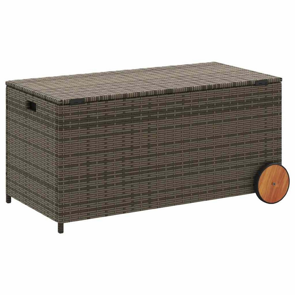 Saki Outdoor Storage Box, Rectangular Gray Poly Rattan, Wood Wheels - BM339761