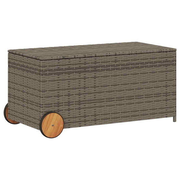 Saki Outdoor Storage Box, Rectangular Gray Poly Rattan, Wood Wheels - BM339761