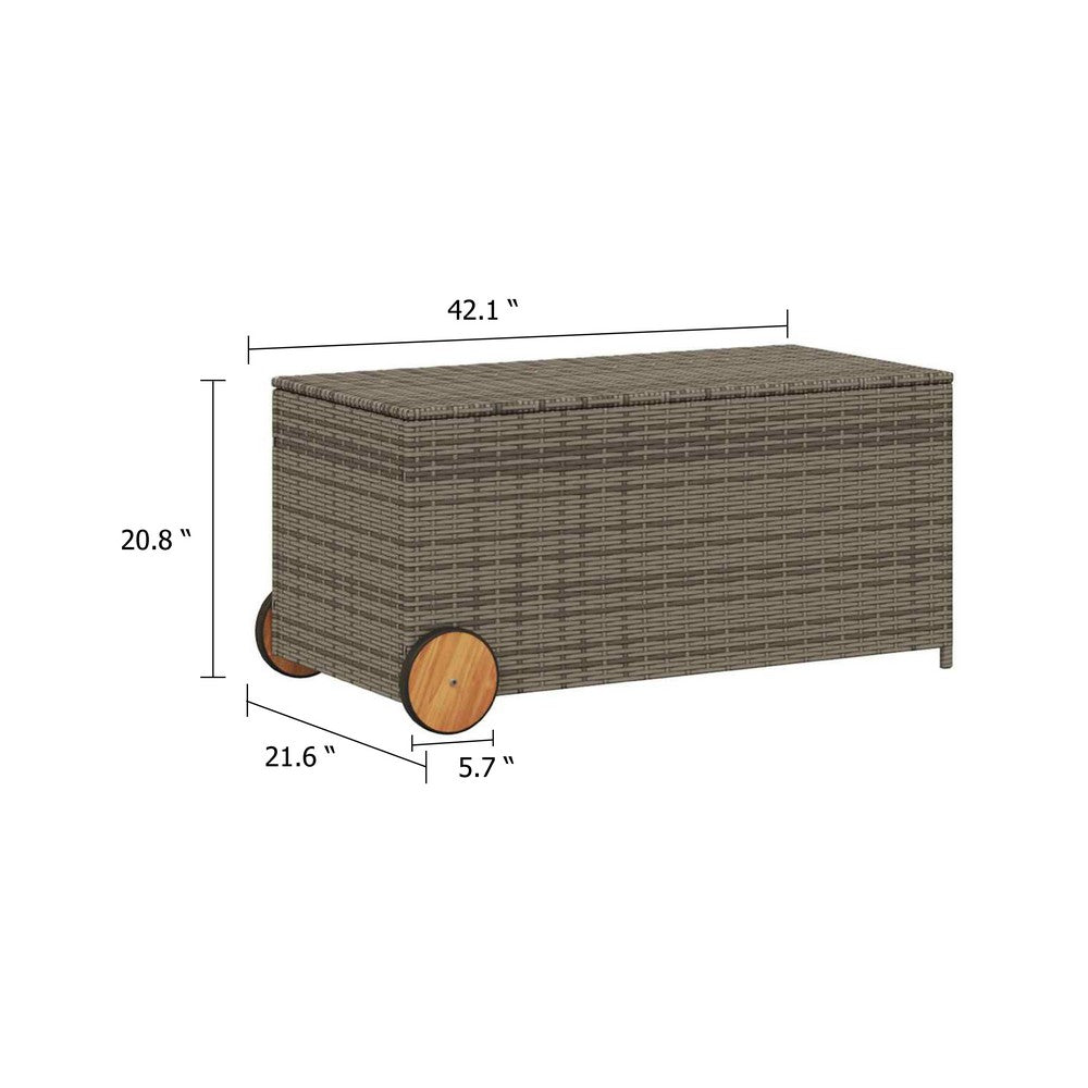 Saki Outdoor Storage Box, Rectangular Gray Poly Rattan, Wood Wheels - BM339761