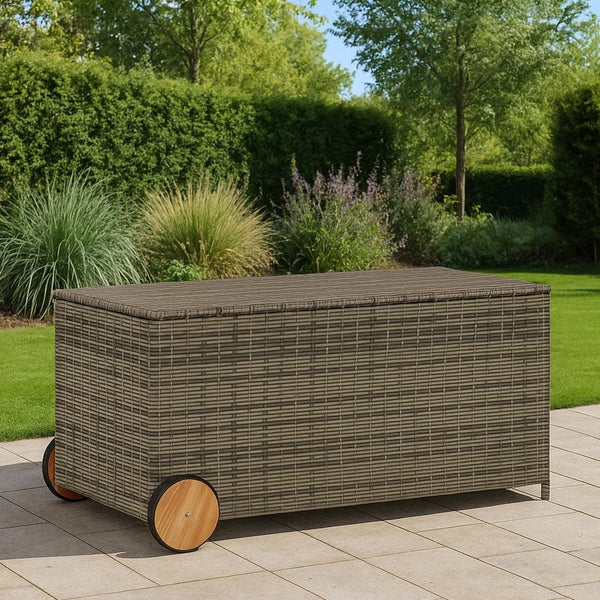 Saki Outdoor Storage Box, Rectangular Gray Poly Rattan, Wood Wheels - BM339761