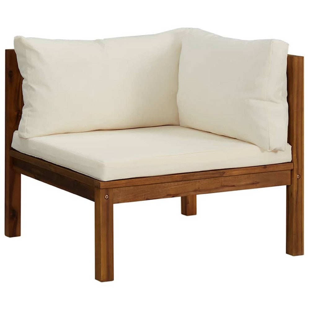 Linzy Outdoor Corner Sofa, Cream Polyester, Brown Acacia Wood, 27 Inch - BM339770