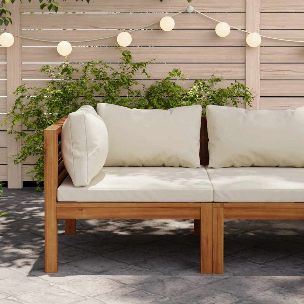 Linzy Outdoor Corner Sofa, Cream Polyester, Brown Acacia Wood, 27 Inch - BM339770