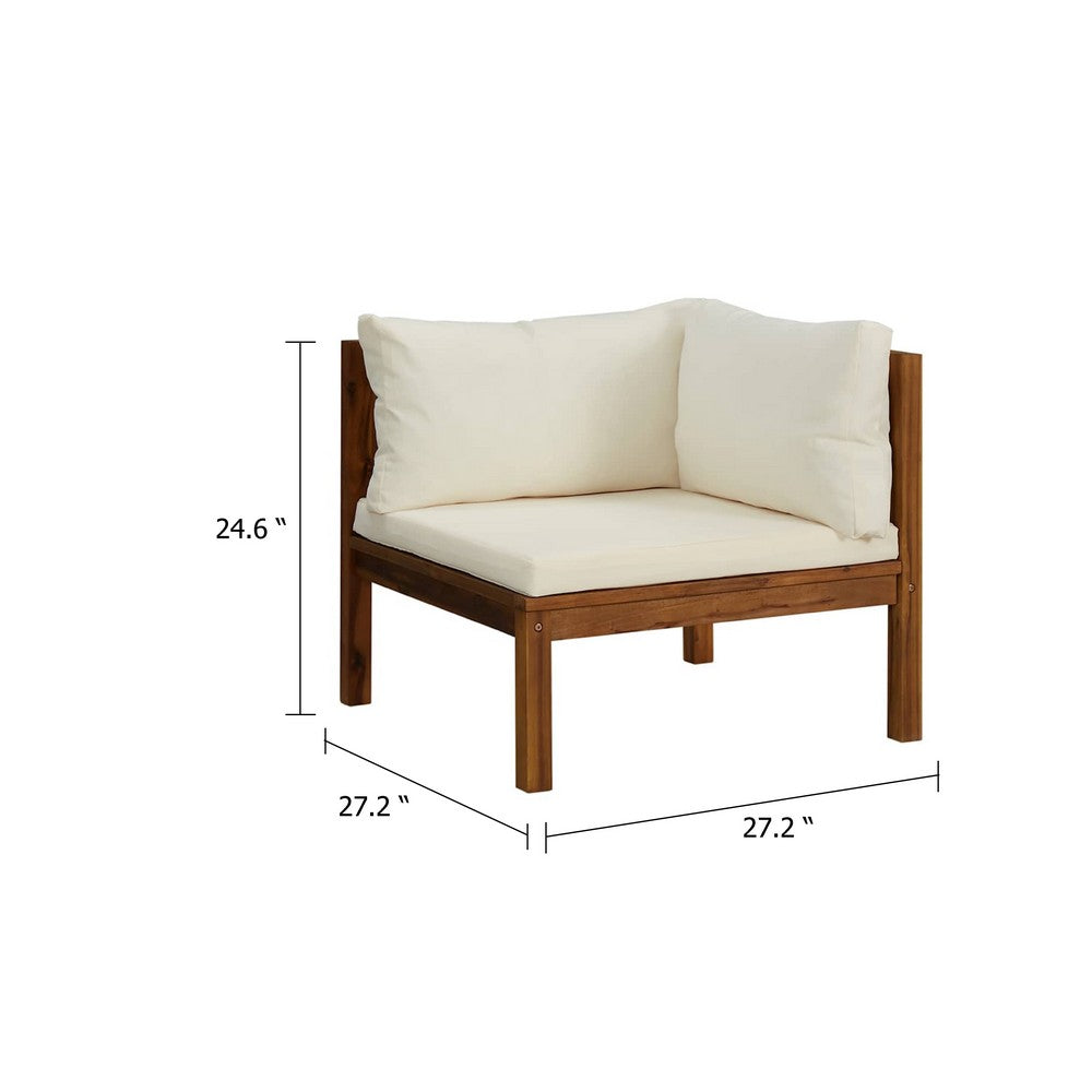 Linzy Outdoor Corner Sofa, Cream Polyester, Brown Acacia Wood, 27 Inch - BM339770