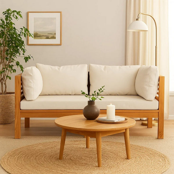 Linzy Outdoor Corner Sofa, Cream Polyester, Brown Acacia Wood, 27 Inch - BM339770