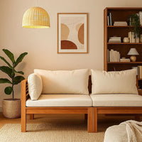 Linzy Outdoor Corner Sofa, Cream Polyester, Brown Acacia Wood, 27 Inch - BM339770