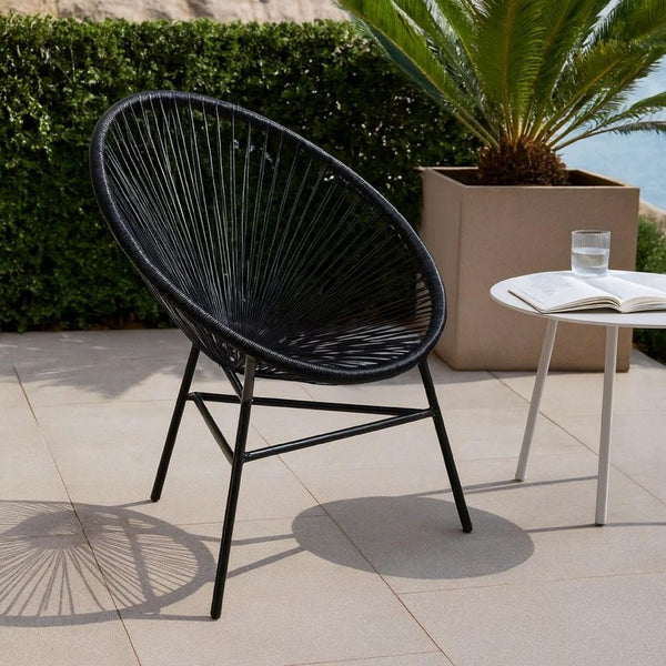 Outdoor Chair, Black Poly Rattan, Powder Coated Steel, Round Shape - BM339771