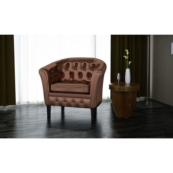 Deina Armchair, Tufted Shiny Brown Faux Leather, Black Wood Legs - BM339774