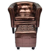 Deina 2pc Armchair and Footstool Set, Brown Faux Leather, Black Wood - BM339775