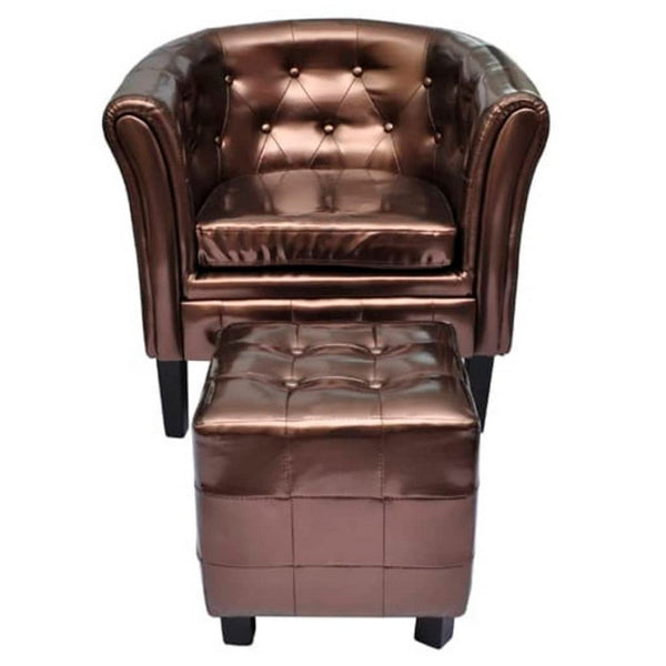 Deina 2pc Armchair and Footstool Set, Brown Faux Leather, Black Wood - BM339775