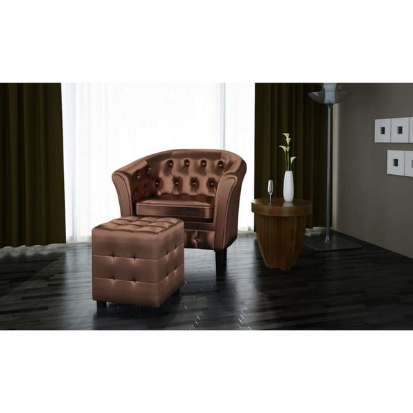 Deina 2pc Armchair and Footstool Set, Brown Faux Leather, Black Wood - BM339775
