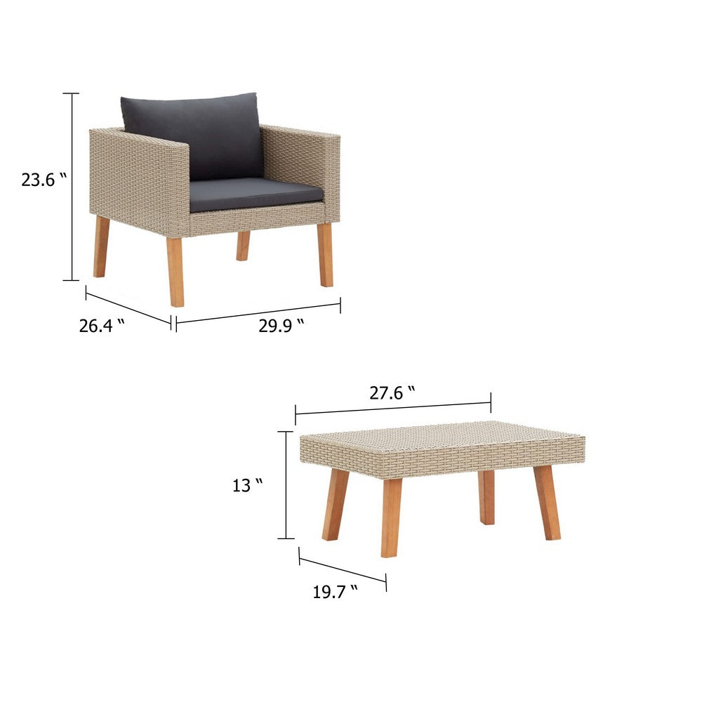 Keina Garden Furniture Set, 2 Chairs and Table, Beige Poly Rattan, Gray - BM339777