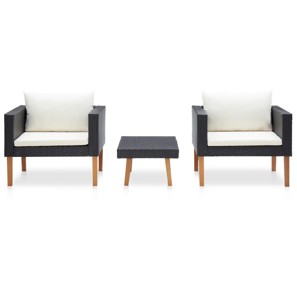 Keina Garden Furniture Set, 2 Chairs and Table, Black Poly Rattan, Cream - BM339778