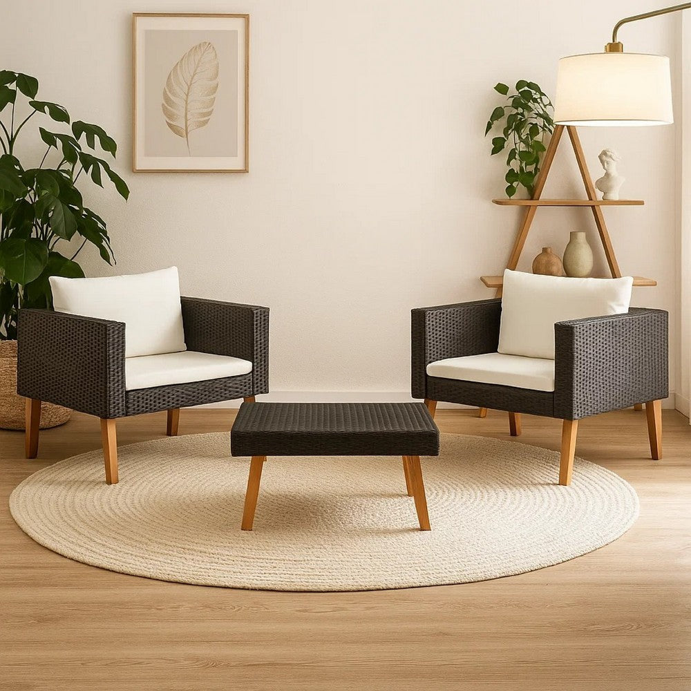 Keina Garden Furniture Set, 2 Chairs and Table, Black Poly Rattan, Cream - BM339778