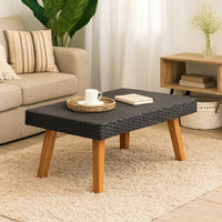 Keina Outdoor Coffee Table, Black Faux Rattan, Brown Wood, Square 28 Inch - BM339779