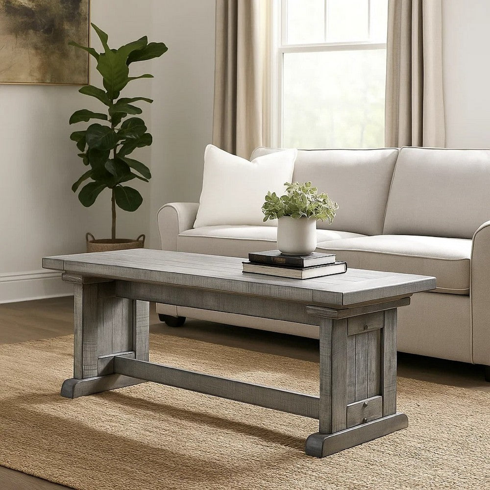 Bench, 48 Inch Wide Farmhouse Plank Style Seat, Gray Pedestal Base - BM339798