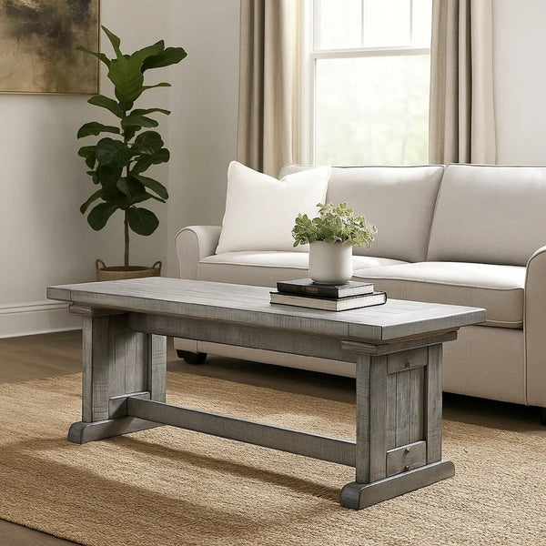 Bench, 48 Inch Wide Farmhouse Plank Style Seat, Gray Pedestal Base - BM339798