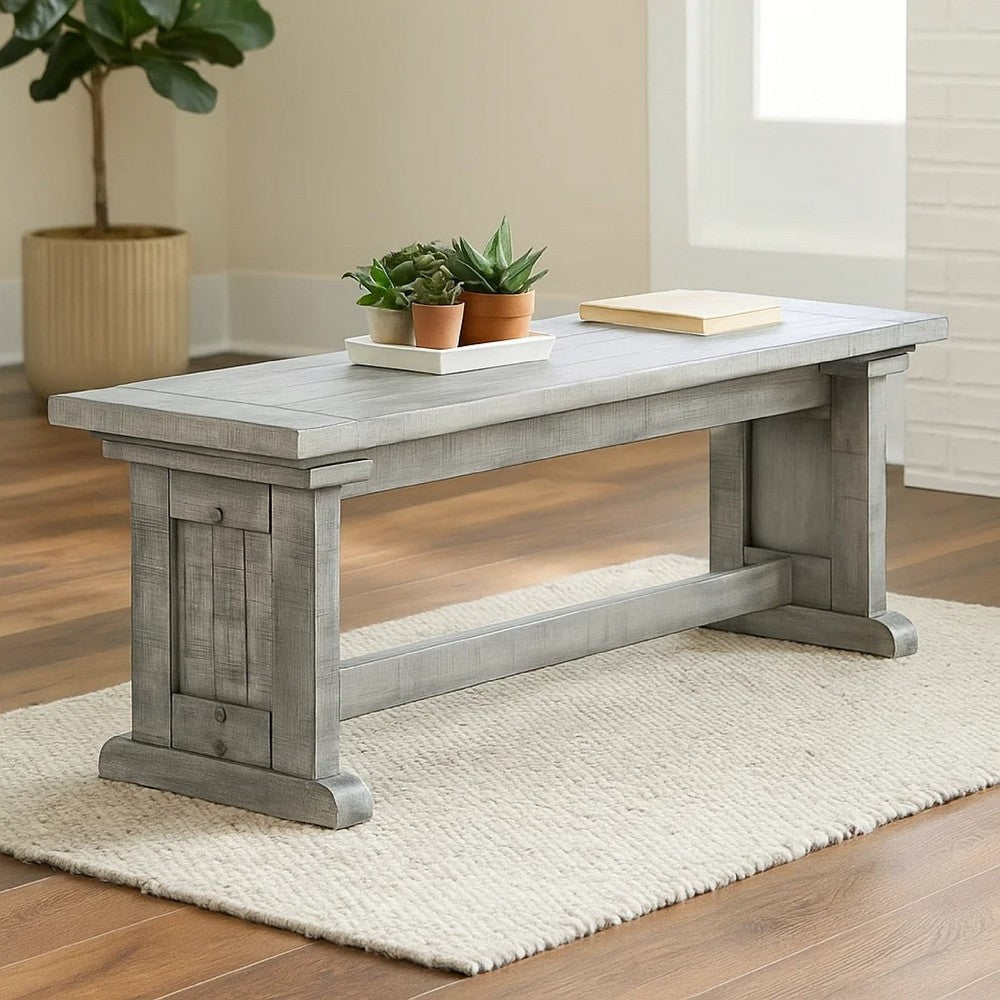 Bench, 48 Inch Wide Farmhouse Plank Style Seat, Gray Pedestal Base - BM339798