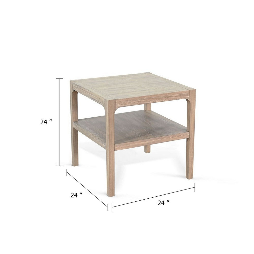 Side End Table with Lower Shelf, 24 Inch Square Top, Natural Brown - BM339799