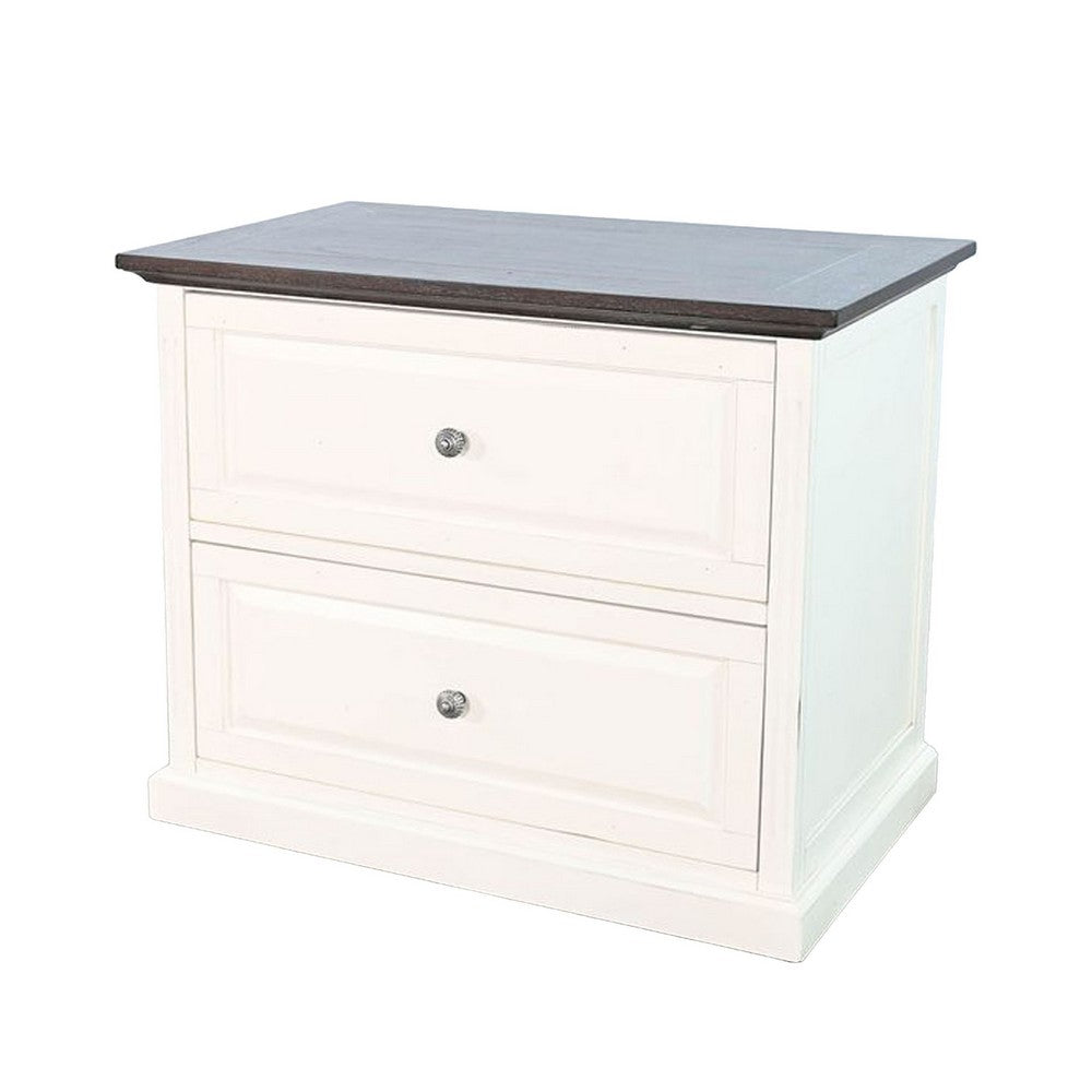 Orso File Cabinet with 2 Drawers, White Brown Solid Mahogany Wood - BM339858