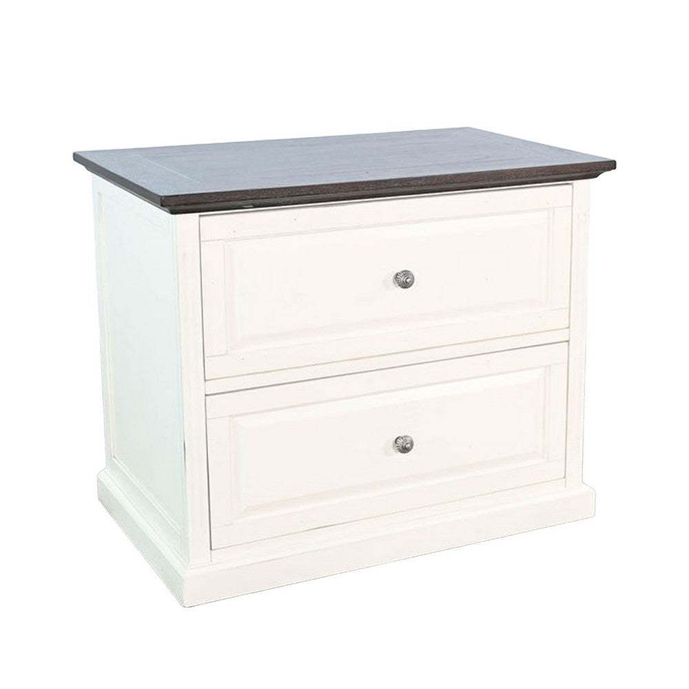 Orso File Cabinet with 2 Drawers, White Brown Solid Mahogany Wood - BM339858