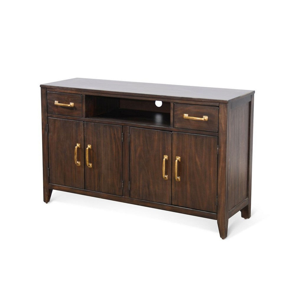 Karen Media Console, 2 Drawers 4 Doors, Brown 52 Inch, Gold Accents - BM339877