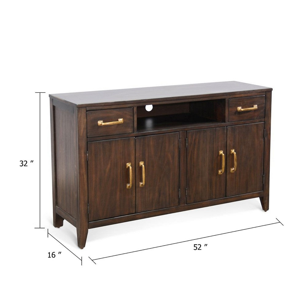 Karen Media Console, 2 Drawers 4 Doors, Brown 52 Inch, Gold Accents - BM339877